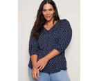 AUTOGRAPH - Plus Size - Womens Tops -  Long Sleeve Embroidered Top - Navy Spot