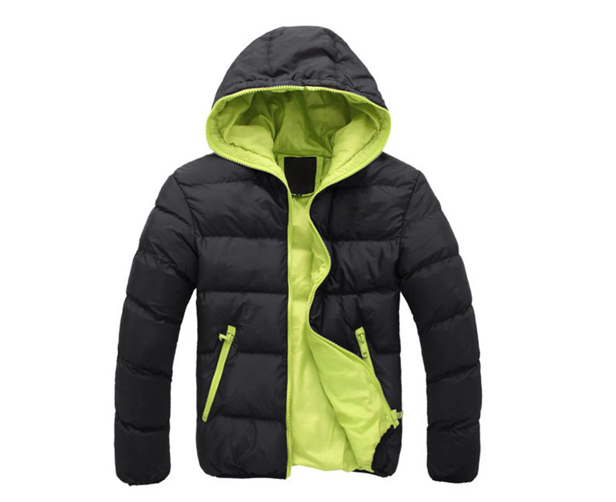 Men Jacket Puffer Bubble Coat Quilted Zip Up Padded Hooded Hoodie Hoody Outerwear - Black + Green