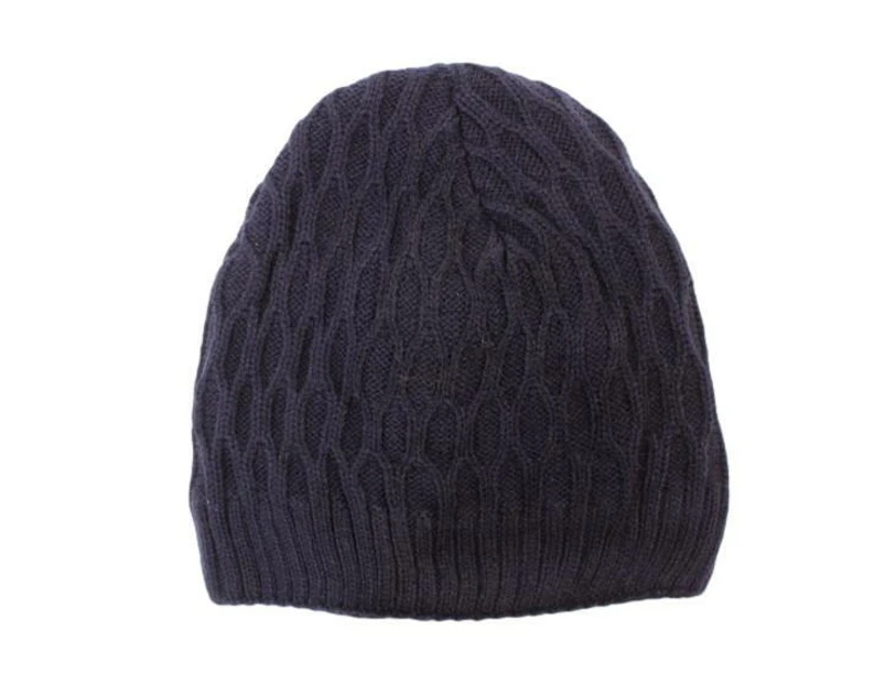 FIL Adult Unisex Beanie Winter Thermal Ski Warm Knitted Sherpa Plain Patterned - AE (sherpa)/Navy