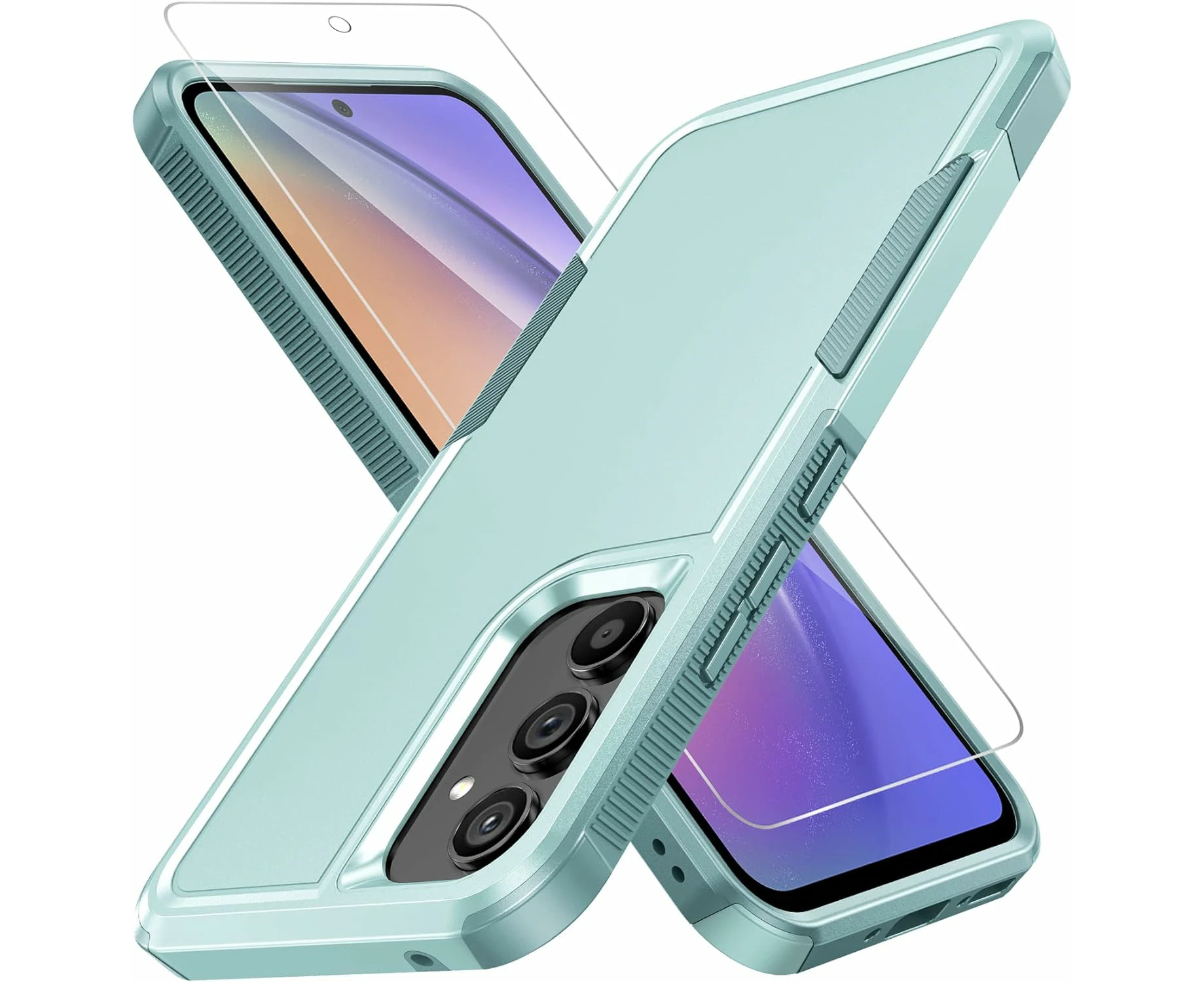 New Dual Layer Tough Cover Rugged Case For Samsung Galaxy A35 5G Free Screen Protectors - Light Blue