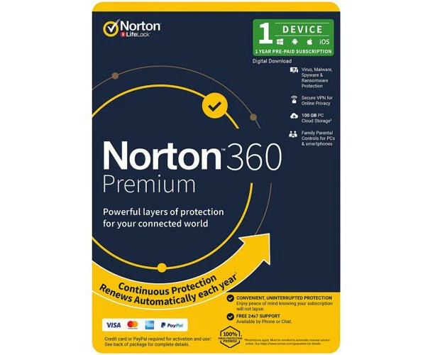 NortonLifeLock Norton 360 Premium 1 User  1 Device  100GB PC Cloud Backup  Includes Secure VPN 12 month Generic ENR RSP DVDSLV GUM [21432839]