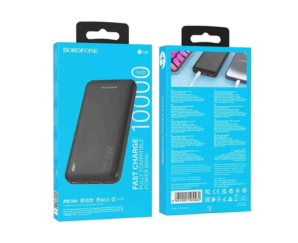 BOROFONE (BJ38) 10000mAh PD 20W Fast Charging 4 Ports (2 USB + 1 Type +1 Micro USB) Portable Power Bank (Black)