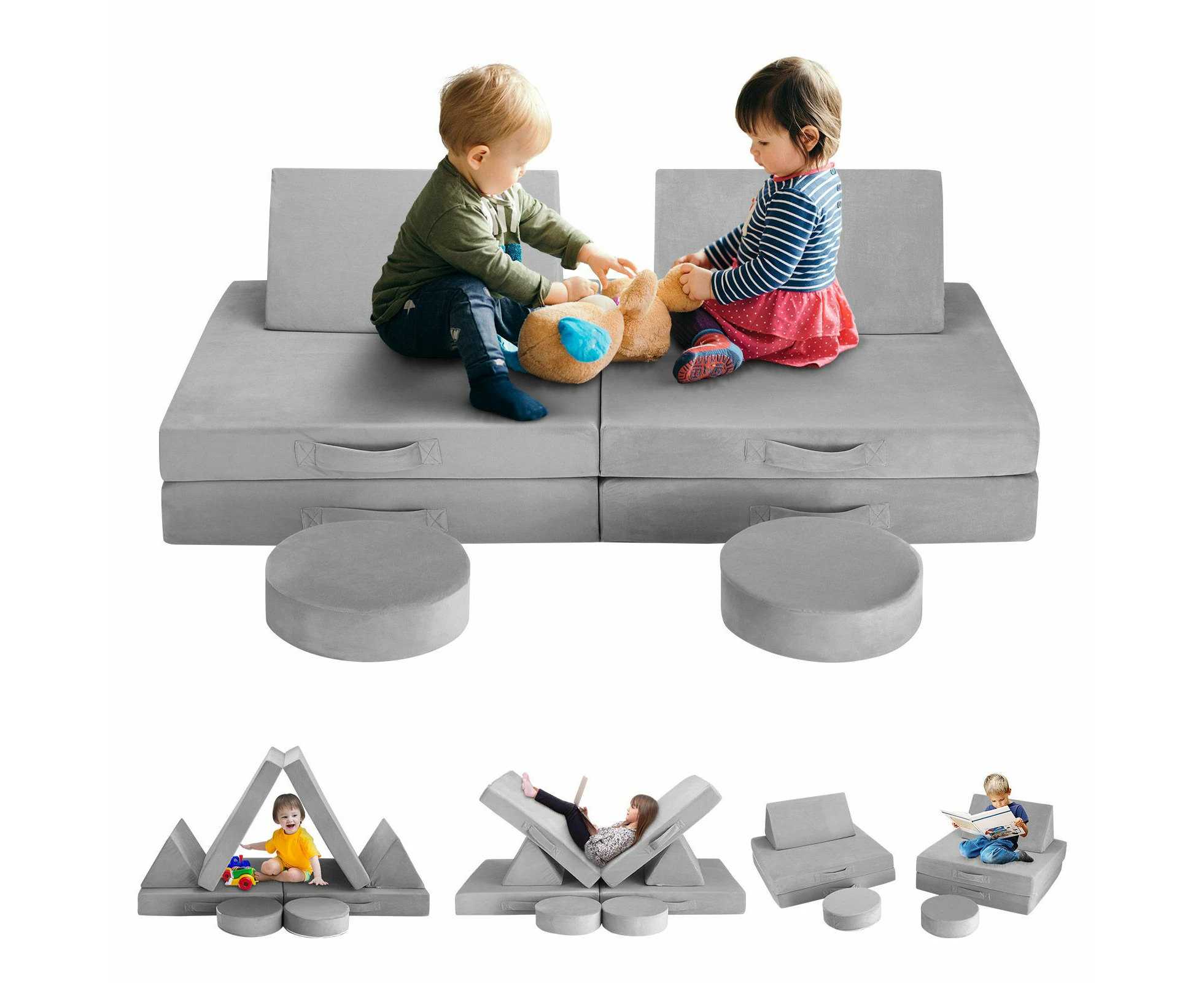 8Pcs Kids Sofa Play Couch Modular Lounge Cushion Convertible Playset Sectional Childrens Toddler Chair Playroom Fabric