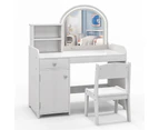 Costway Kids Vanity Dressing Playset Pretend Makeup Table & Chair Set w/Acrylic Mirror&2-Color LED&Storage White