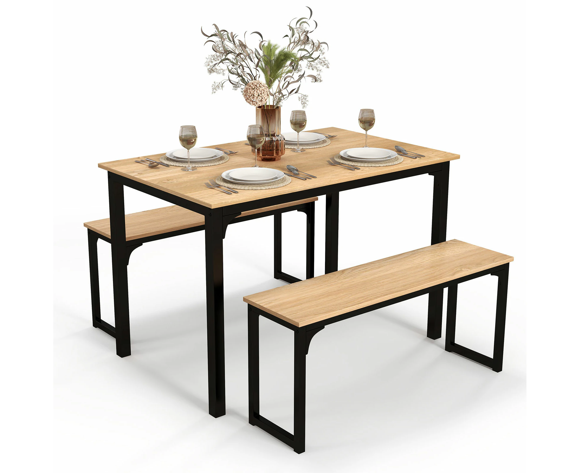 3 PCS Dining Table Set 3 Farmhouse Kitchen Dining Room Furniture Natural & Black