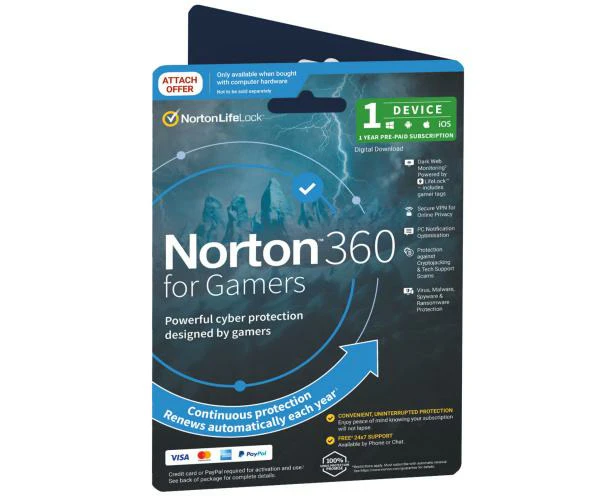 NortonLifeLock Norton 360 for Gamers 1 User 1 Device 12 month 50GB PC Cloud Backup Includes Secure VPN 1 Year Pre-Paid Subscription [21433656]