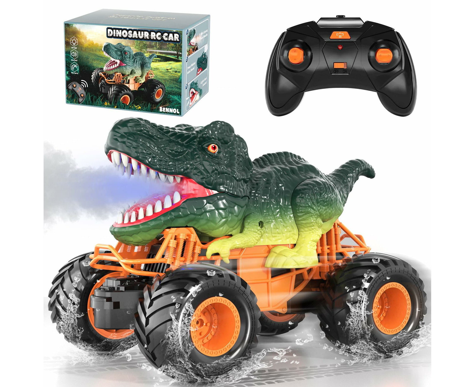 Remote Control Dinosaur Toy with Lights Sounds Spray and Rechargeable Electric All Terrain RC Car for Boys and Kids Catch