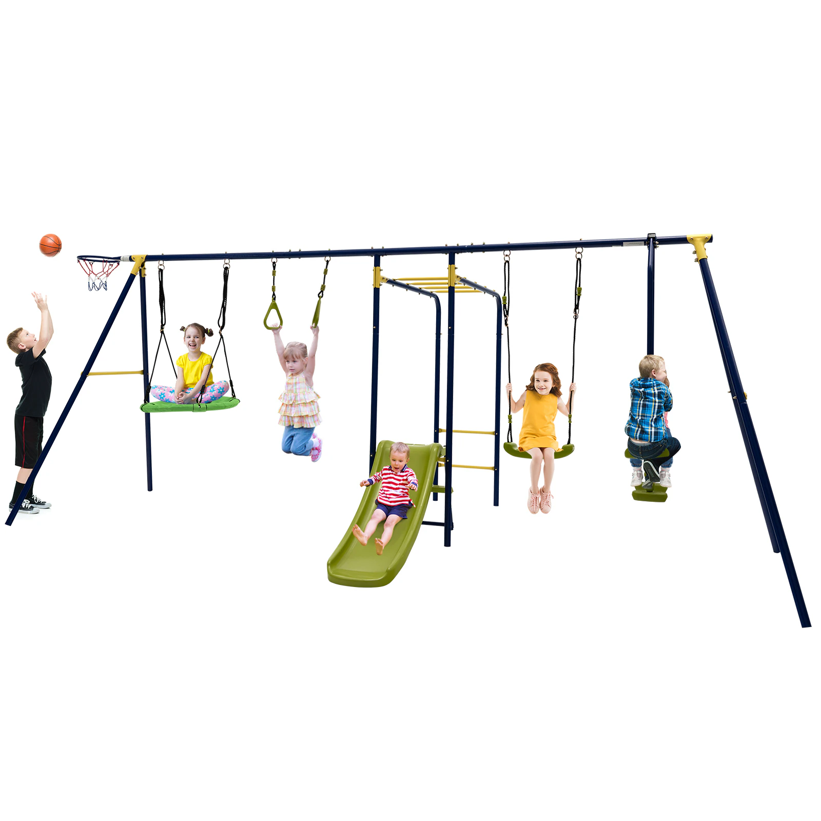 Costway 7-IN-1 Playground Climb Slide Swing Set Outdoor Backyard Metal Playset 4 Seats & Basketball Hoop