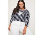 AUTOGRAPH - Plus Size - Womens Tops -  3/4 Sleeve Stripe Novelty Top - Navy/White