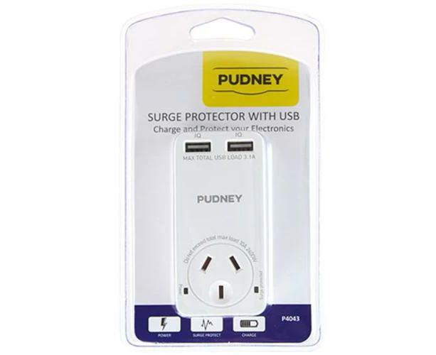 PUDNEY P4043 Surge Protector SINGLE SURGE PROTECTOR WITH 3.1A 2X USB PORTS AU/NZ SAA Approval 10A 230-240V AC [P4043]