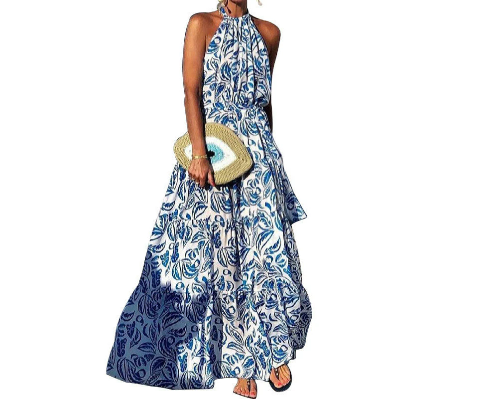 Women's Summer Floral Maxi Dress Sleeveless Halter Neck Flowy Ruffle Hem Long Boho Dresses-blue