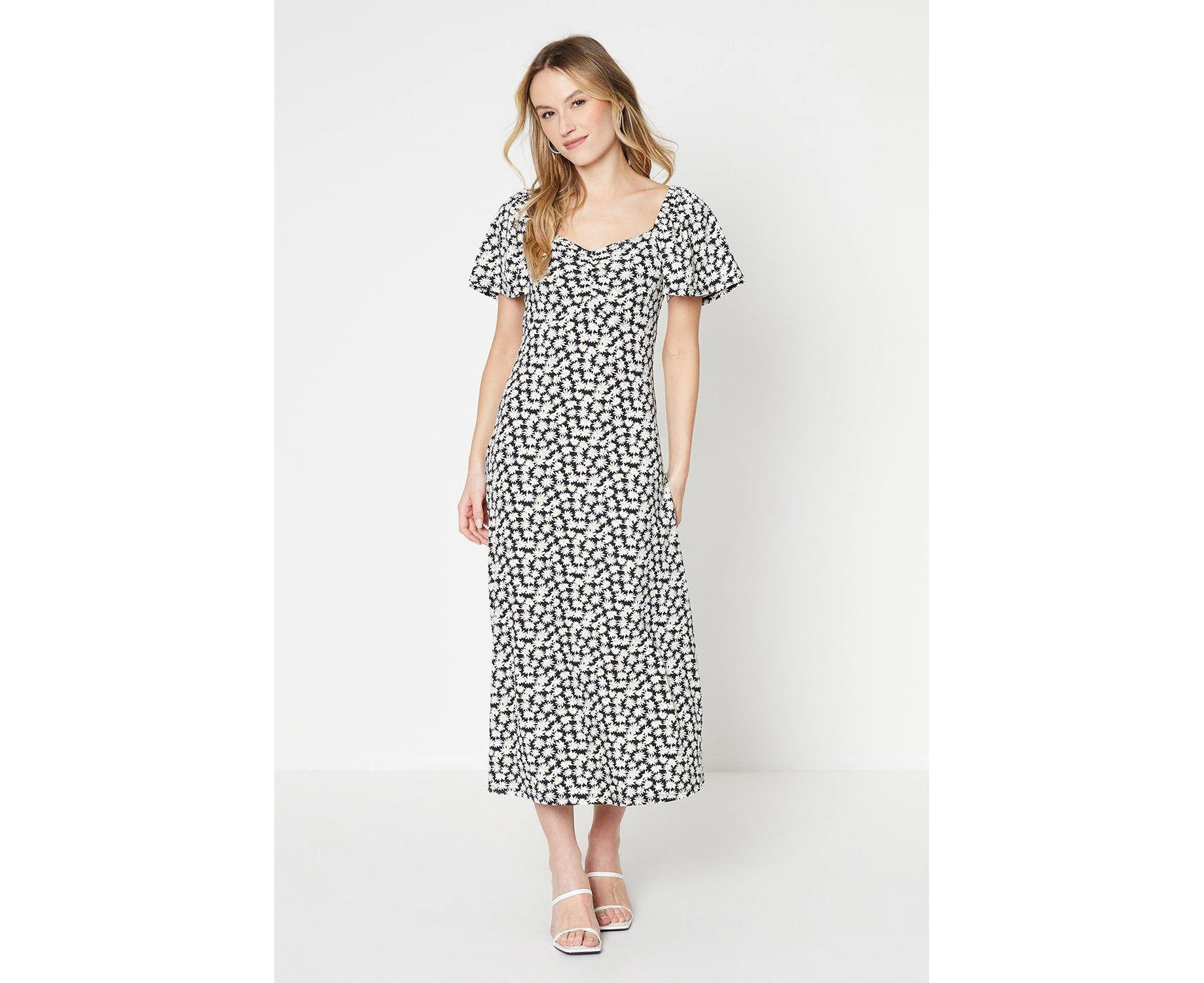 Dorothy Perkins Womens Floral Ruched Front Flutter Midi Dress (White/Black) - DP4689