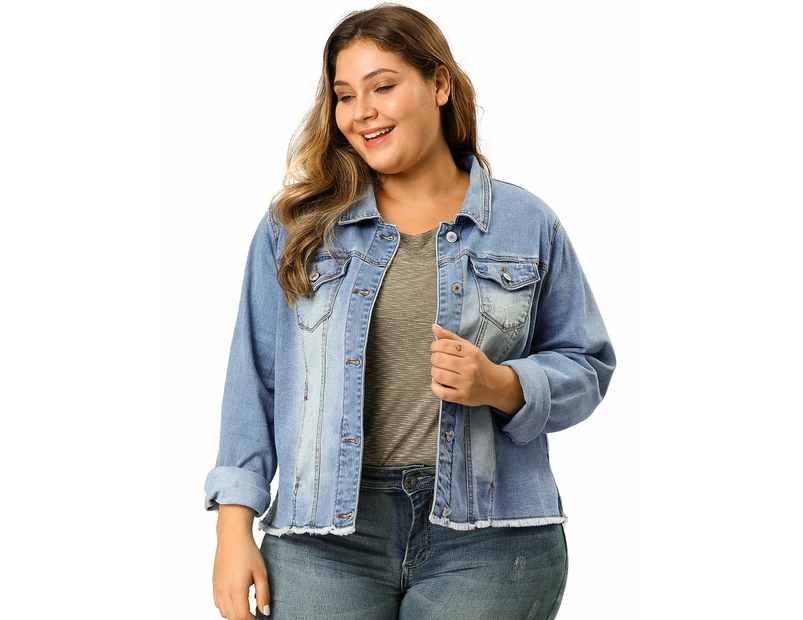 Agnes Orinda Plus Size Classic Washed Front Frayed Denim Jacket Light Blue