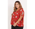BeMe - Plus Size - Womens Tops -  Elbow Sleeve Kaftan Style W.Top - Red Romance Floral
