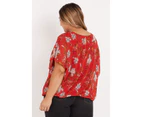 BeMe - Plus Size - Womens Tops -  Elbow Sleeve Kaftan Style W.Top - Red Romance Floral