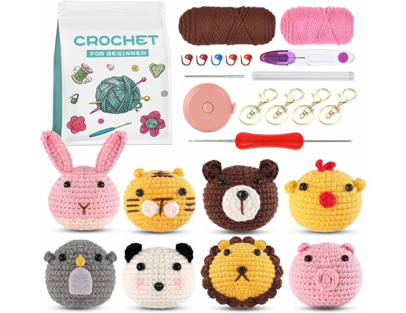 8PCS Crochet Kit for Beginners, Crochet Animal Kit for Adults and Kids, Beginner Crochet Kit for Gifts, Learn to Crochet Kits