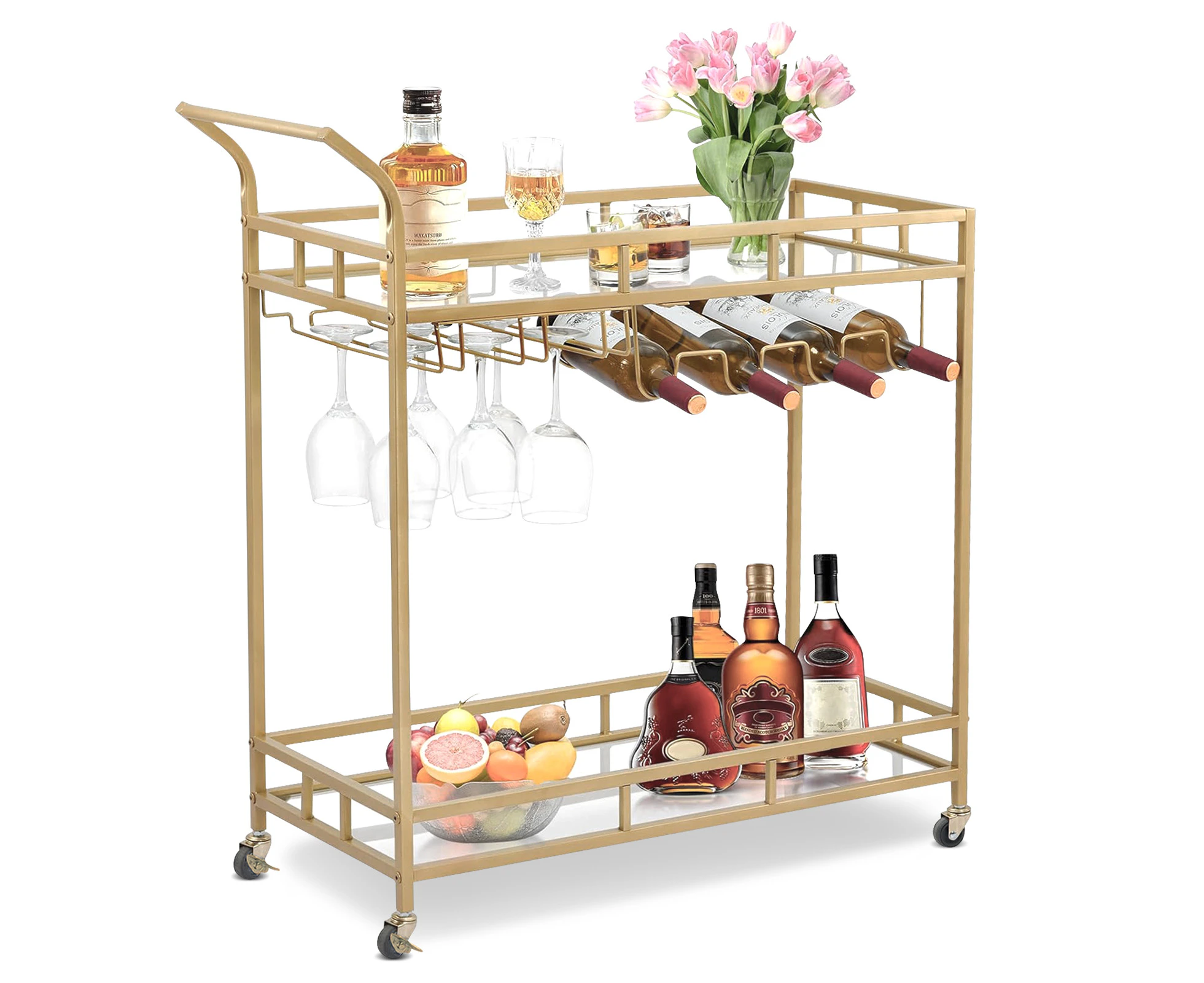 Gold Bar Cart Drinks Coffee Tea Wine Serving Cart Trolley Mirror Glass Shelf Home Kitchen Storage Organiser