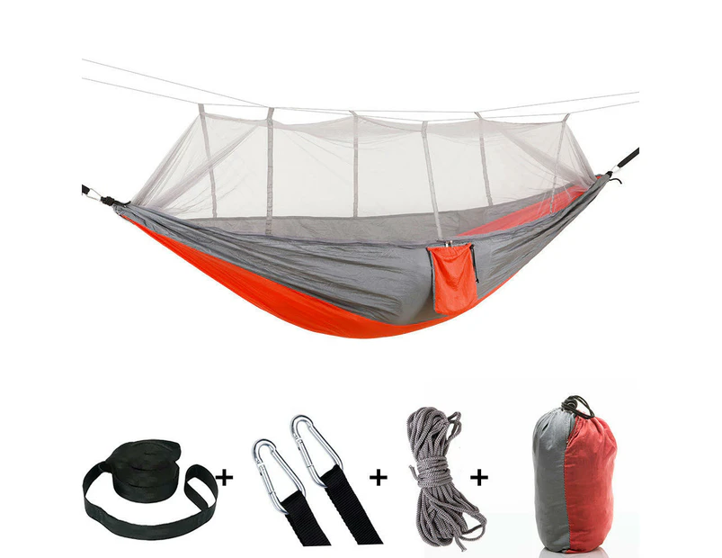 Outdoor Mosquito Net Hammock Camping with Mosquito Net Ultralight Nylon Double Camping Tent-Grey combined with orange red