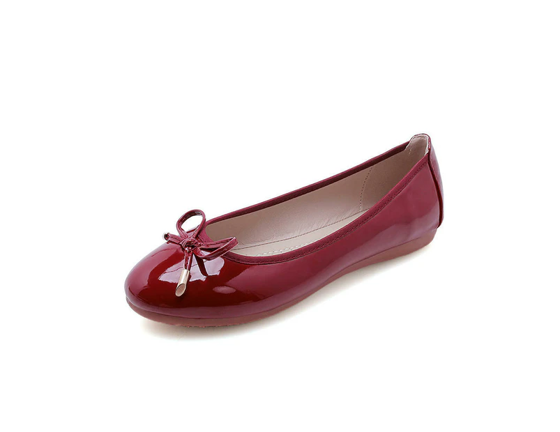 Women's Round Toe Ballet Flats Comfortable Bow Flats Shoes-Wine red (patent leather)