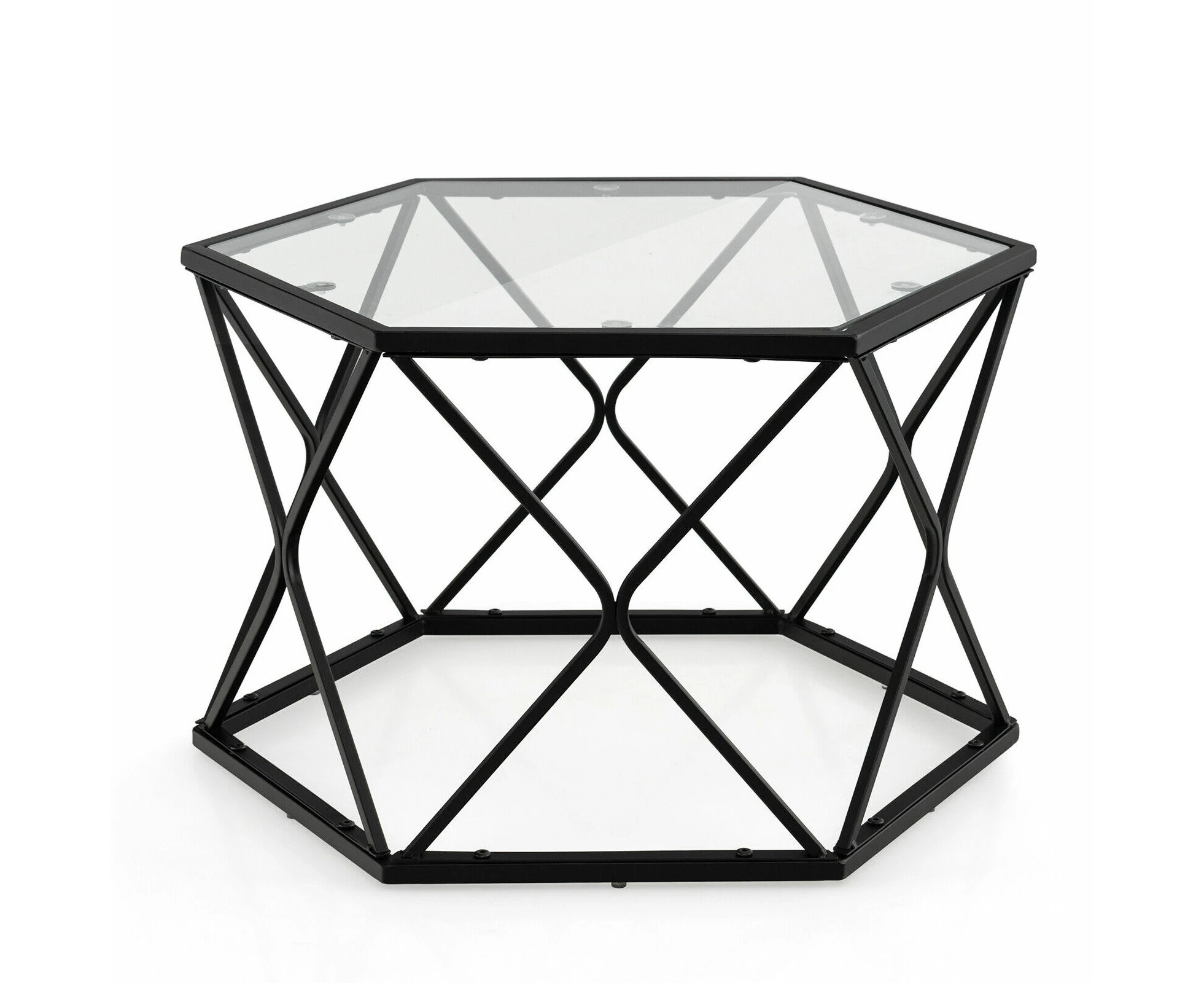 Coffee Table w/ Geometric Glass Top Steel Metal Frame Modern Living Room