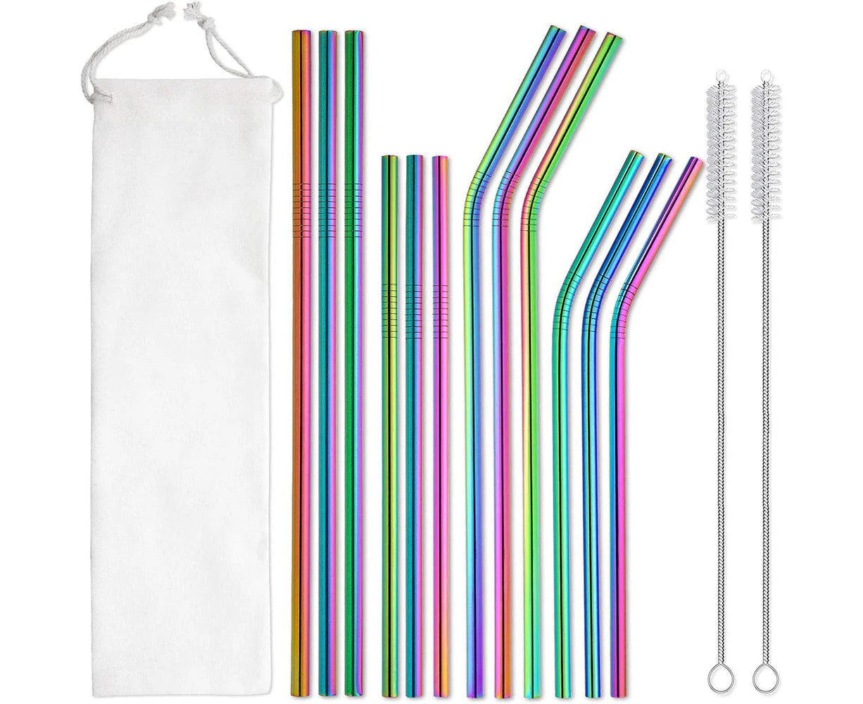 15-Pack Metal Straws Reusable with Case - Stainless Steel Drinking Straws for 30oz and 20oz Tumblers Dishwasher Safe, 2 Brushes Included-Rainbow