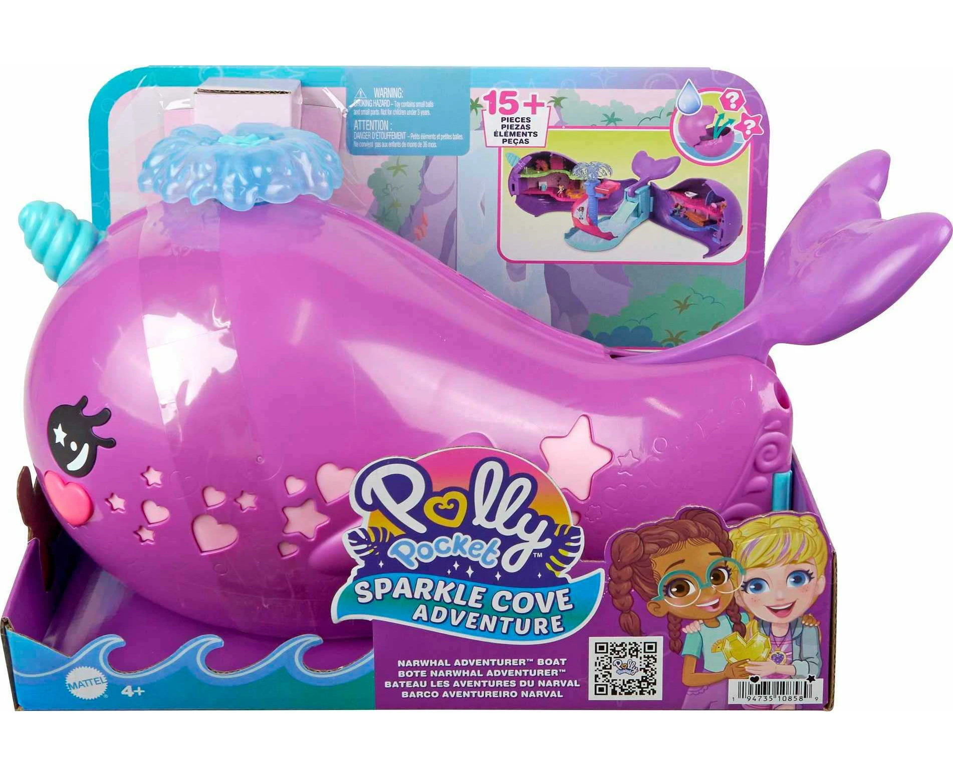 Mattel Polly Pocket Sparkle Cove Adventure Dolls & Toy Boat Playset, Narwhal Adventurer With 2 Micro Dolls, 3 Dissolvable Pearls & 13 Accessories