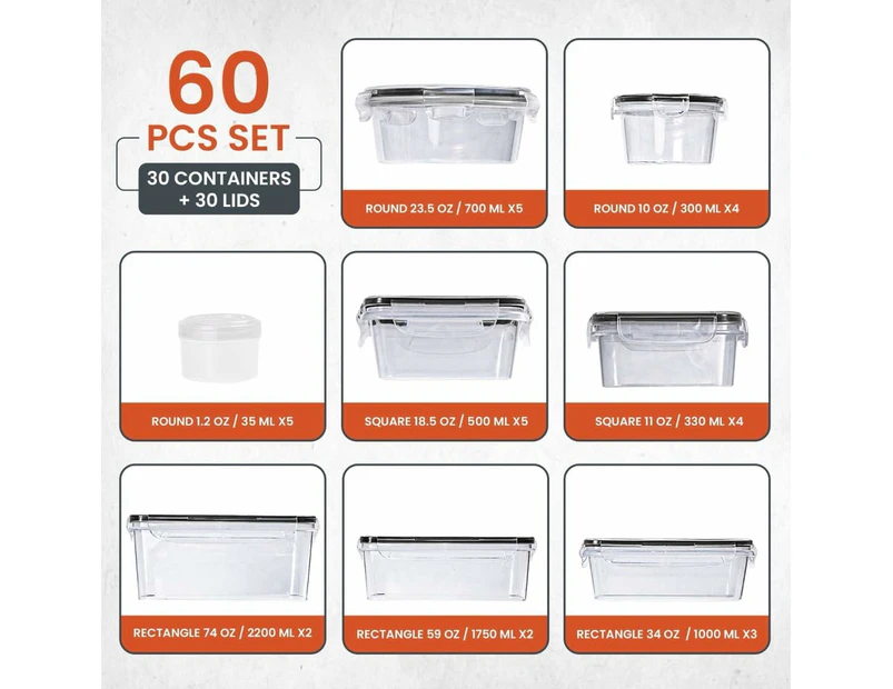 60-Pc Airtight Food Storage Containers Set - 100% Leakproof & Reusable with Labels & Marker