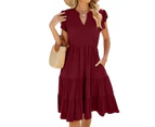 Women's Summer Dresses Short Sleeves Ruffle Sleeve V Neck Flowy Mini Dress-Wine red