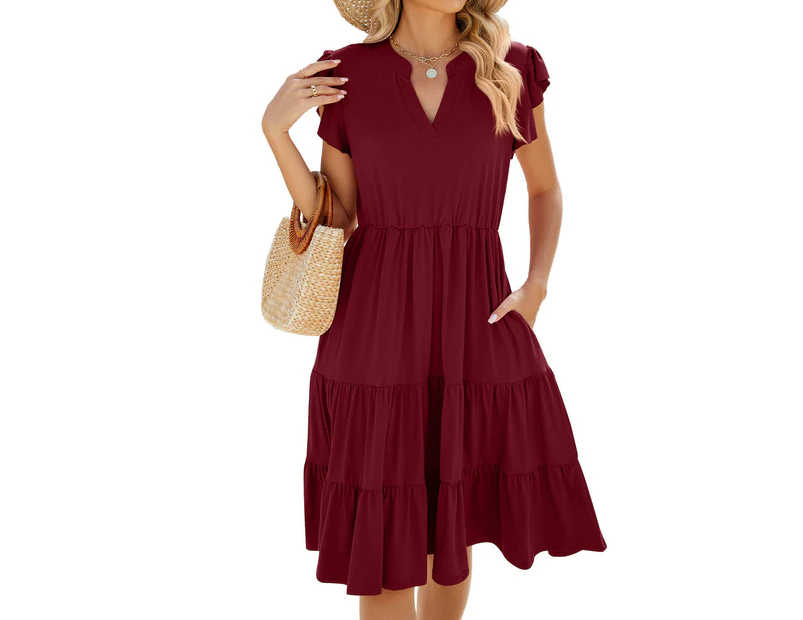 Women's Summer Dresses Short Sleeves Ruffle Sleeve V Neck Flowy Mini Dress-Wine red