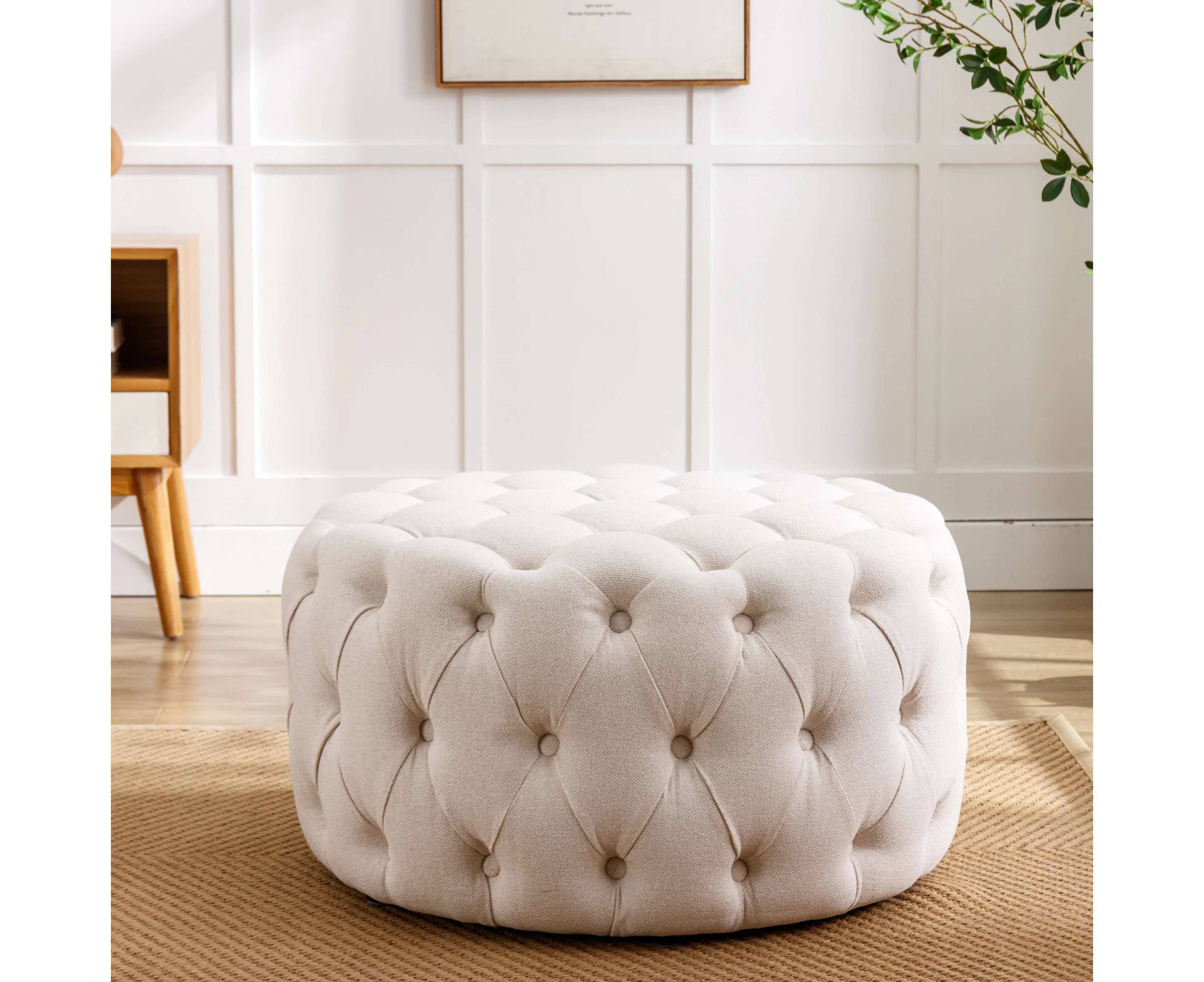 Fabric Upholstered Button-Tufted Round Ottoman, Beige