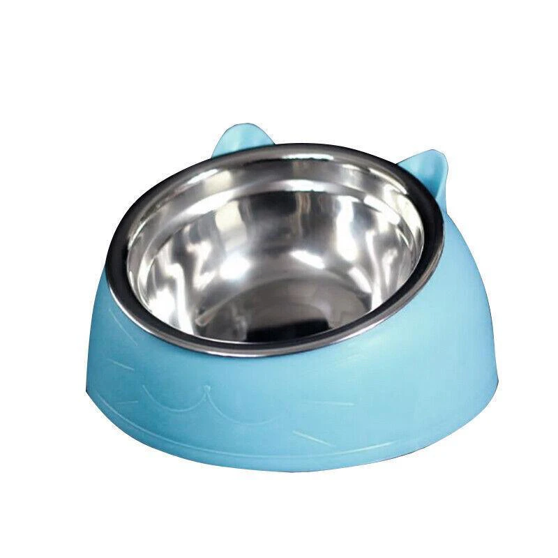 Pet Dog Cat Food Bowl Raised No Slip Stainless Steel Tilted Water Food Feeder - Black