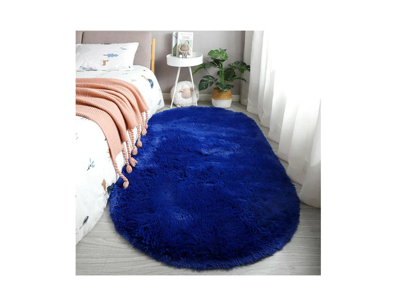 Oval Shaggy Bedroom Rug  Fluffy Area Rugs for Girls Boys Kids Room Nursery Floor Carpet Home Decoration-Azure blue