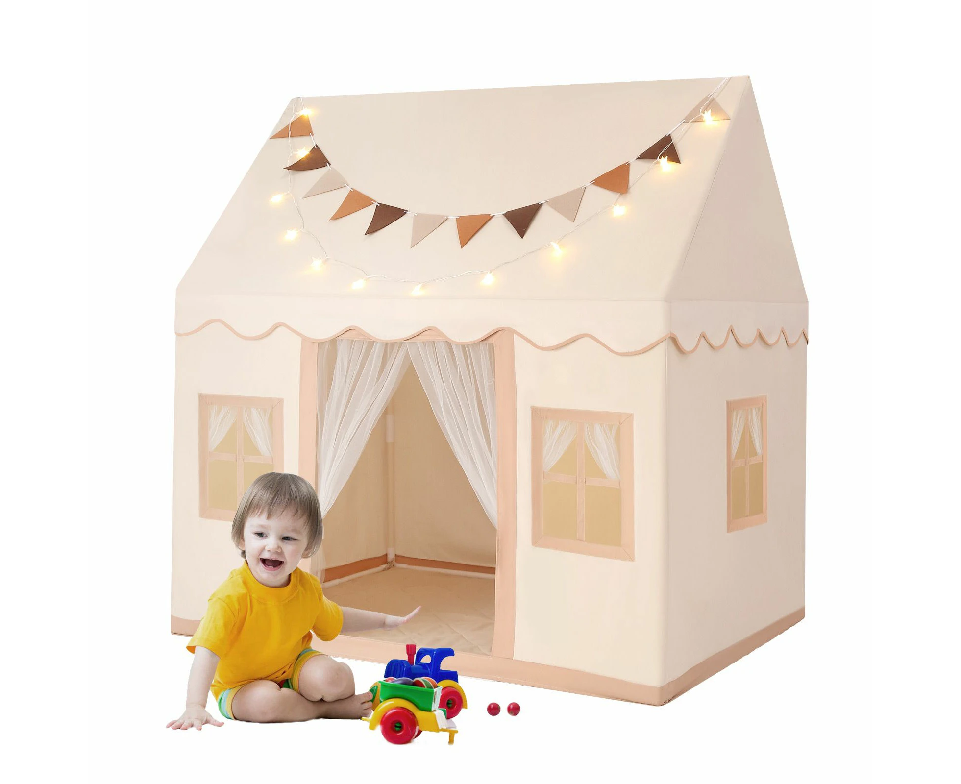 Kids Play Tent Playhouse Childrens Princess Castle Indoor Outdoor with Mat Star Lights Banner 1 Door 3 Windows Toys Boys Girls House Cottage