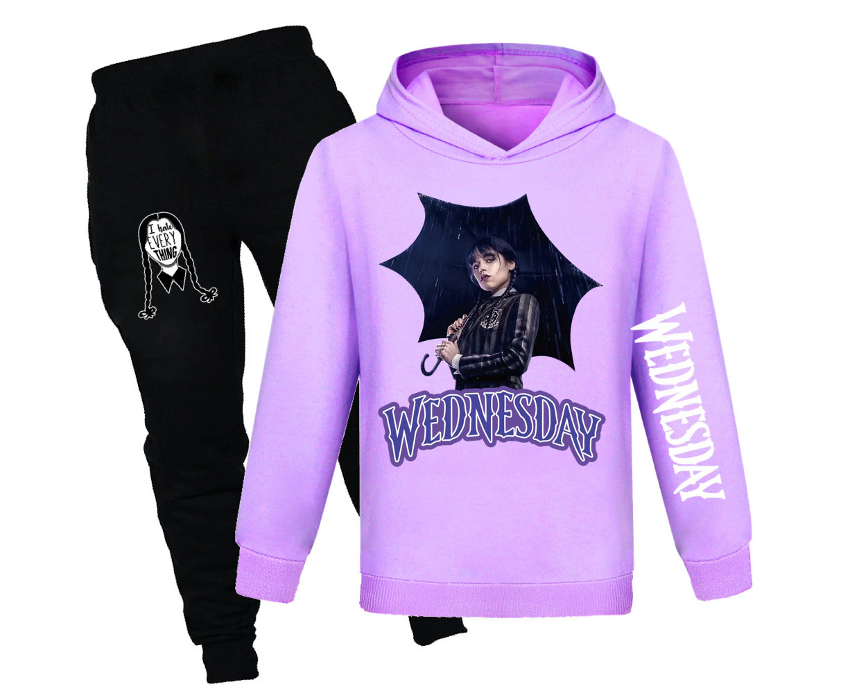 Girls Children Wednesday Addams Printed Sports Casual Hoodies Sweatshirt Jogging Trousers Jogger Pants Tracksuit Set - Purple