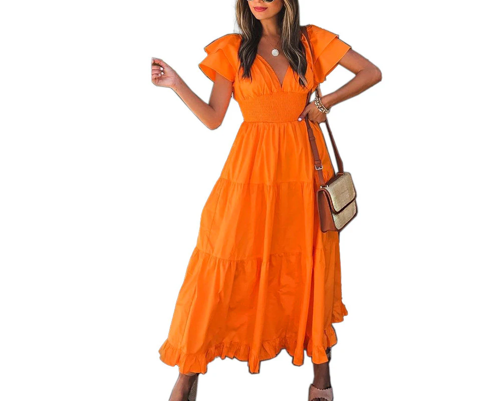 Women's Boho Dress V Neck Short Sleeve Ruffle Hem Flowy Maxi Dresses-orange