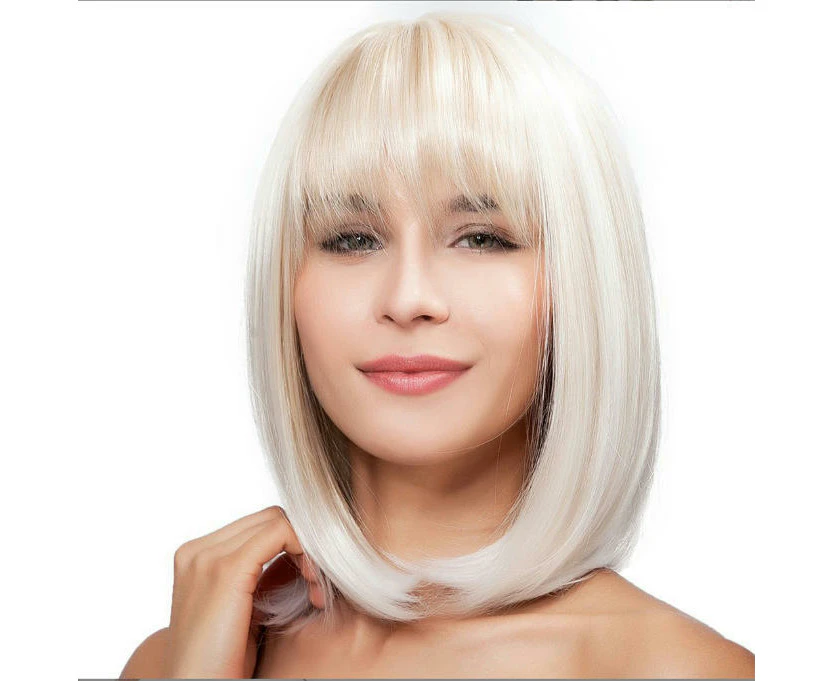 Wavy Hair Bob Short Wigs for White Women Ombre Wig with Bangs Straight Bob Wigs Heat Synthetic Wigs-Wig-3629