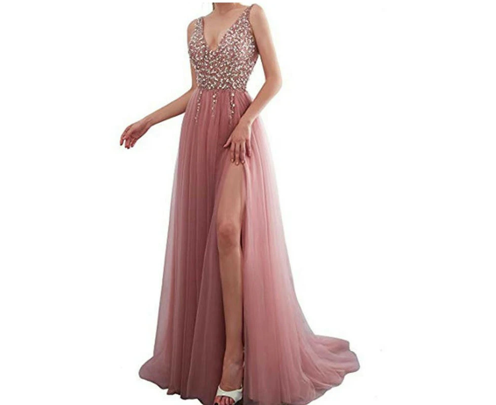 Women's Elegant Deep V-Neck Sleeveless Sequin Evening Party Dress-Pink