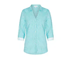 W LANE - Womens Tops -  Printed Cuff Linen Shirt - Blue