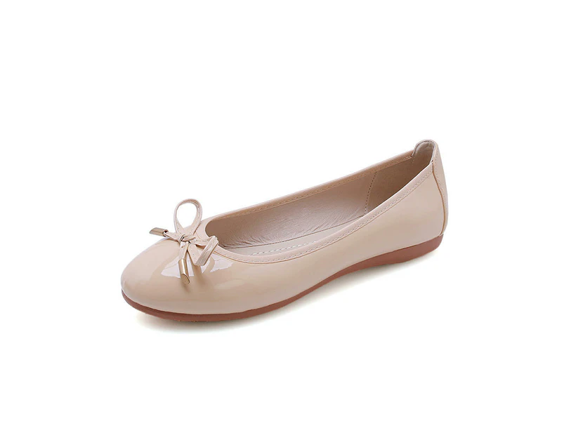 Women's Round Toe Ballet Flats Comfortable Bow Flats Shoes-Apricot color (patent leather)