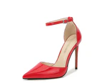 Women's Stiletto Heel Pumps Ladies Closed Pointed Toe Ankle Strap Dress Shoes-red