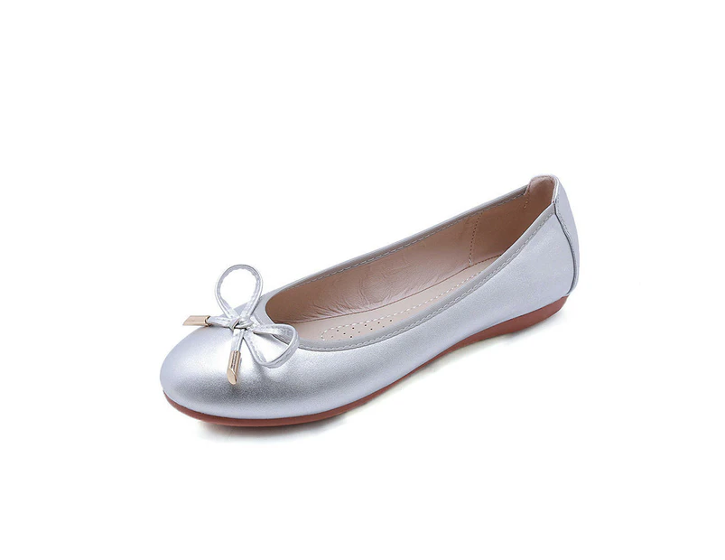 Women's Round Toe Ballet Flats Comfortable Bow Flats Shoes-silvery