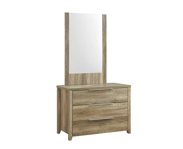 Dresser with 3 Storage Drawers in Natural Wood like MDF in Oak Colour with Mirror