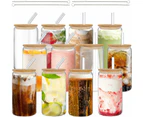 12pcs Set-16oz Drinking Glasses with Bamboo Lids and Glass Straw,Glass Cups with Lids and Straws,Iced Coffee Cups,CuteTumbler Cup