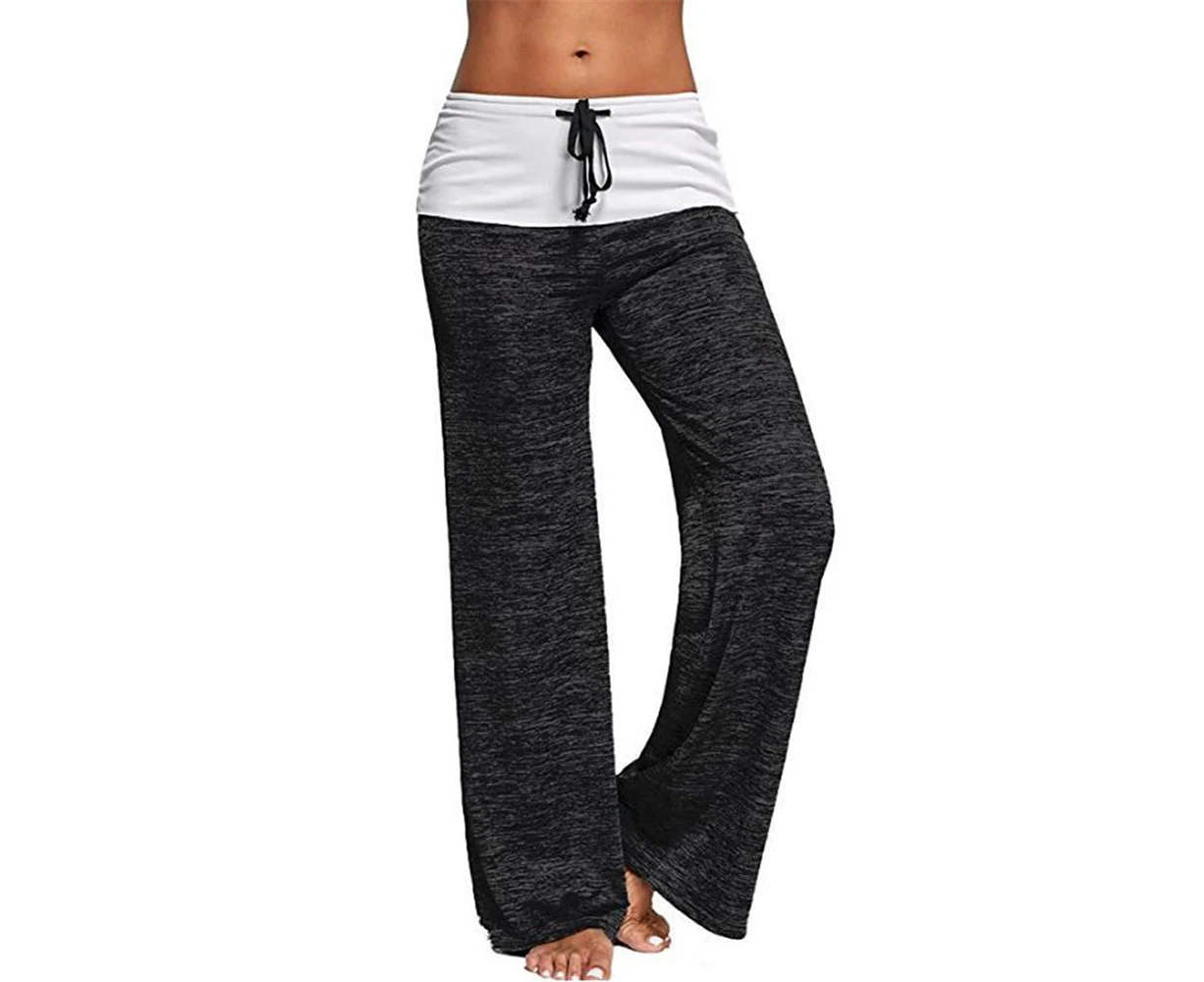 Women Ladies Drawstring Wide Leg Pants Trousers Patchwork Sweatpants Loose Casual Yoga Pants - Black