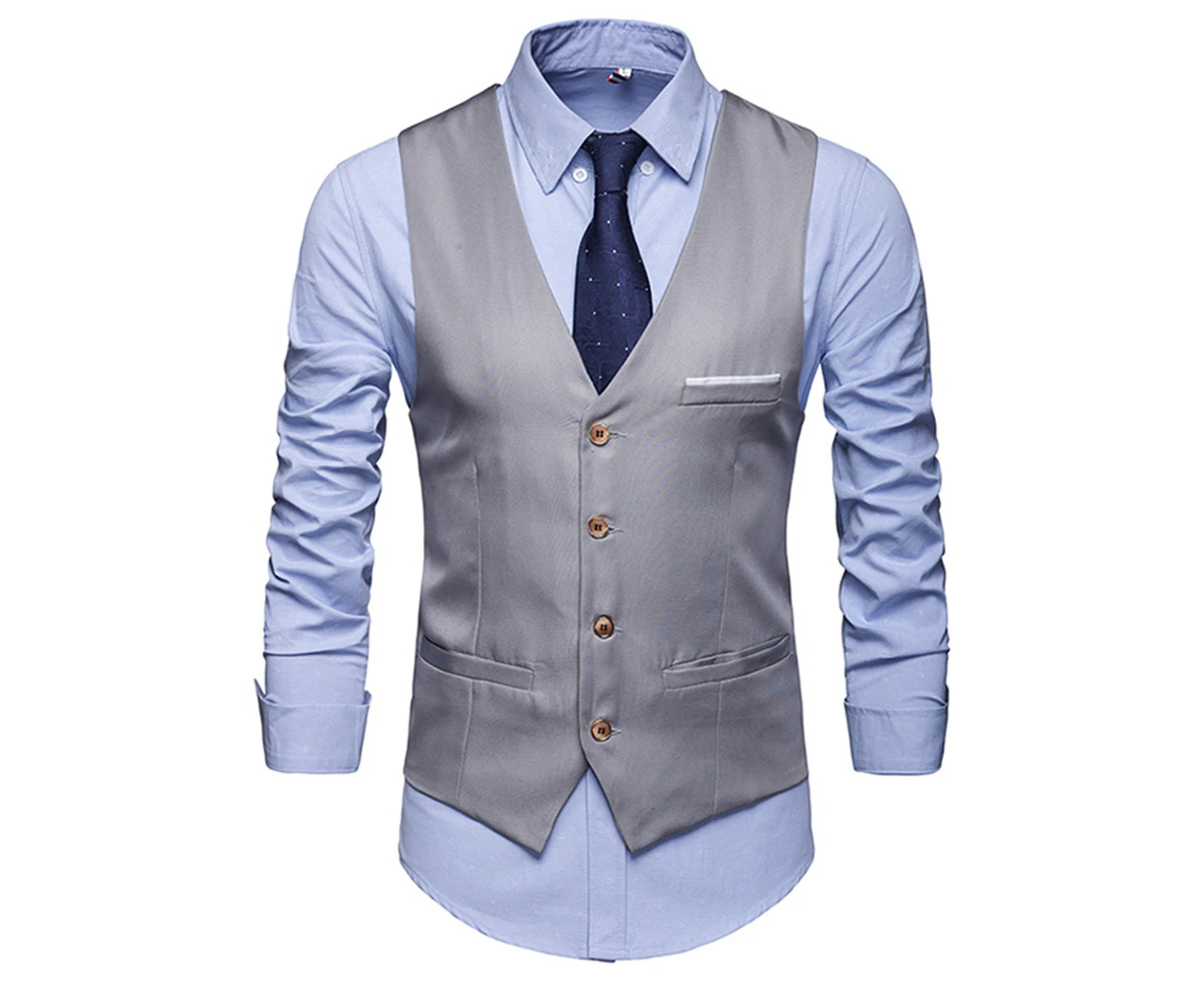 Men Casual Formal Single-breasted Suit Vest Business Work Wedding Party Smart Waistcoat Top - Grey