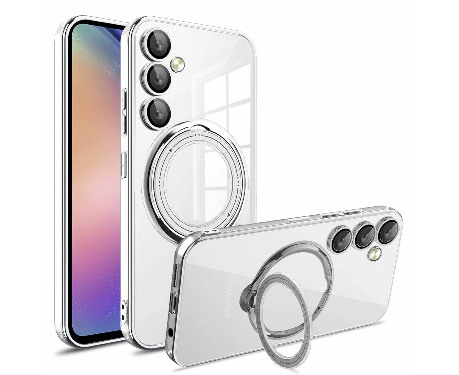 For Samsung Galaxy A55 5G Kickstand Ring Cover Magnet Magsafe Plating TPU Camera Shield Case - Silver