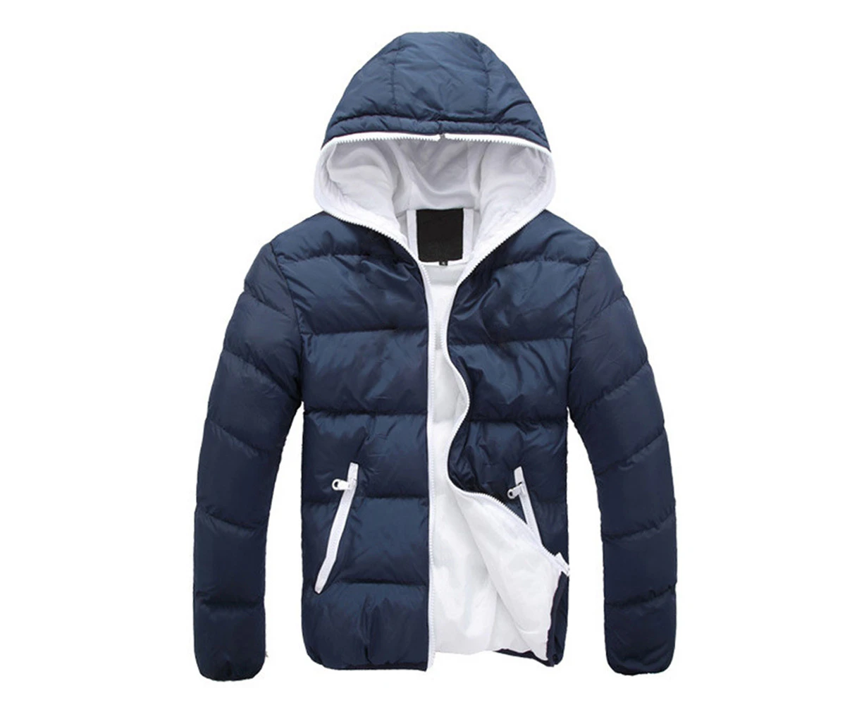 Men Jacket Puffer Bubble Coat Quilted Zip Up Padded Hooded Hoodie Hoody Outerwear - Navy + White