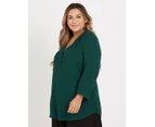 BeMe - Plus Size - Womens Tops -  3Q Sleeve Split Nk Top - Dk Emerald