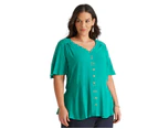 AUTOGRAPH - Plus Size - Womens Summer Tops - Green Blouse / Shirt - Work Clothes - Emerald - Relaxed Fit - Short Sleeve - V Neck - Long - Woven Casual - Green