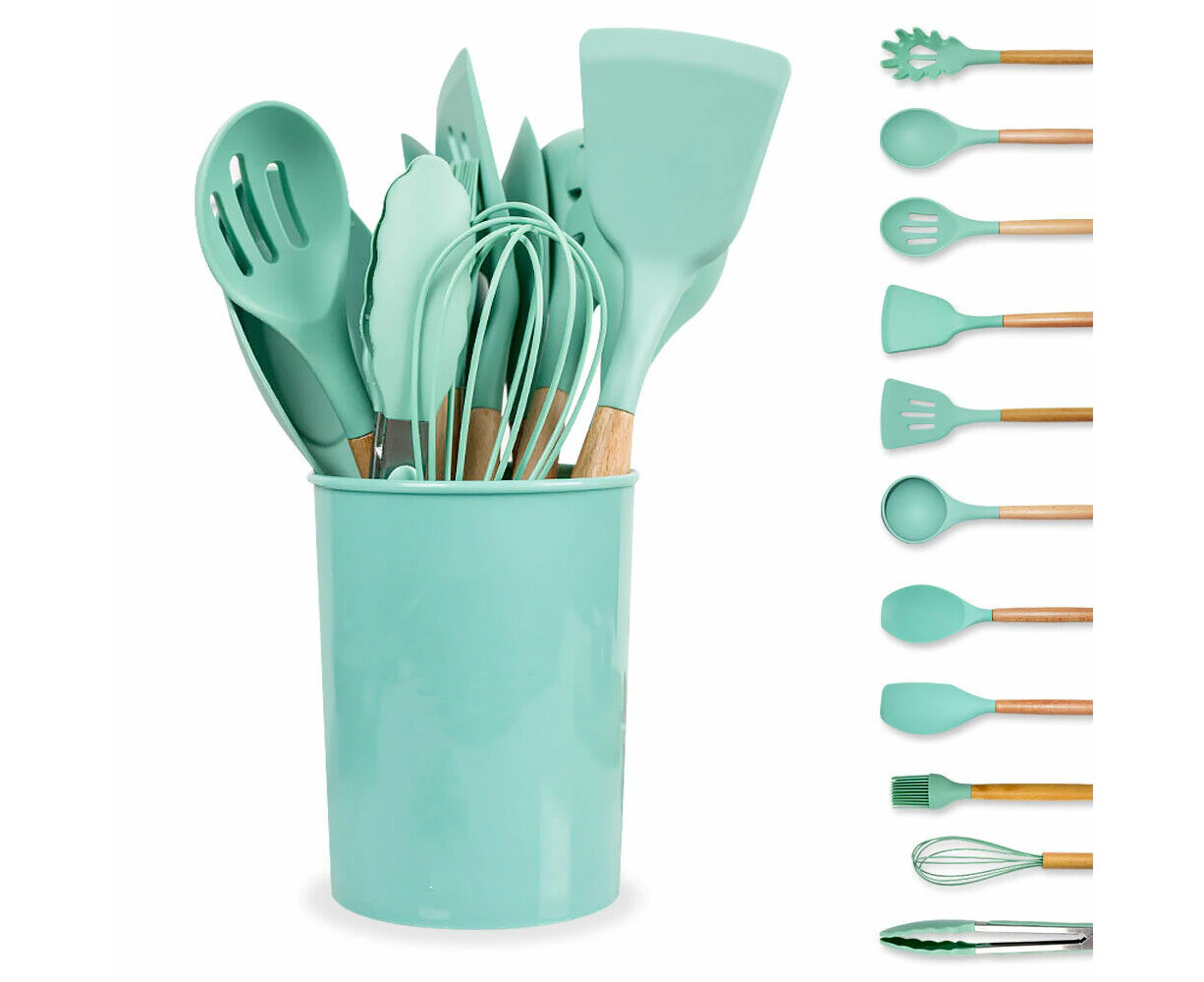 12Pcs Silicone Utensils Cooking Kitchen Set Wooden Baking Cookware Green